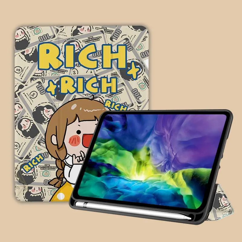 Three-fold silicone iPad case with cartoon design on imitation leather, shown in a stand position.