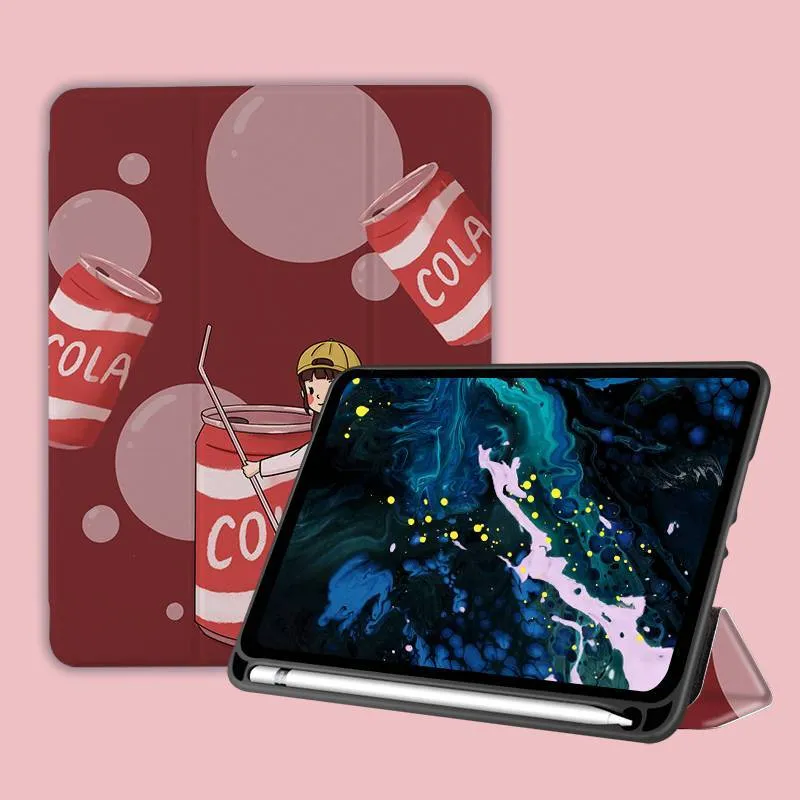 Three-fold silicone iPad case with cartoon design on imitation leather, shown in a stand position.