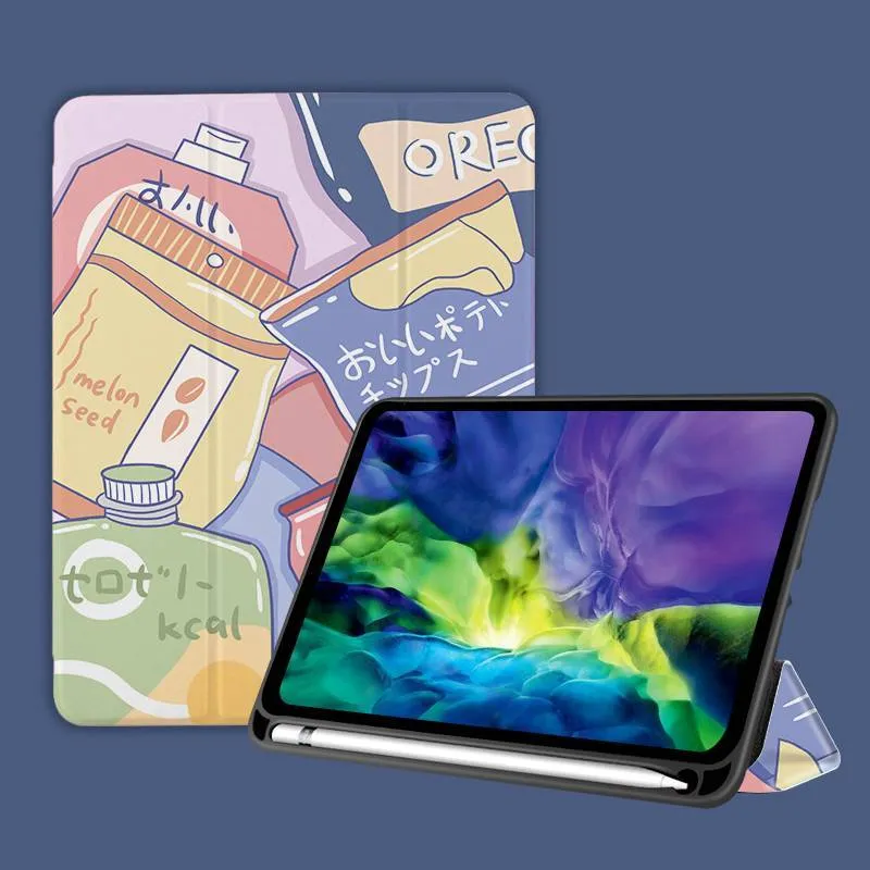 Three-fold silicone iPad case with cartoon design on imitation leather, shown in a stand position.