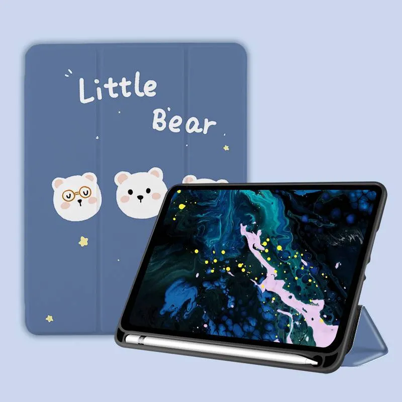 Three-fold silicone iPad case with cartoon design on imitation leather, shown in a stand position.