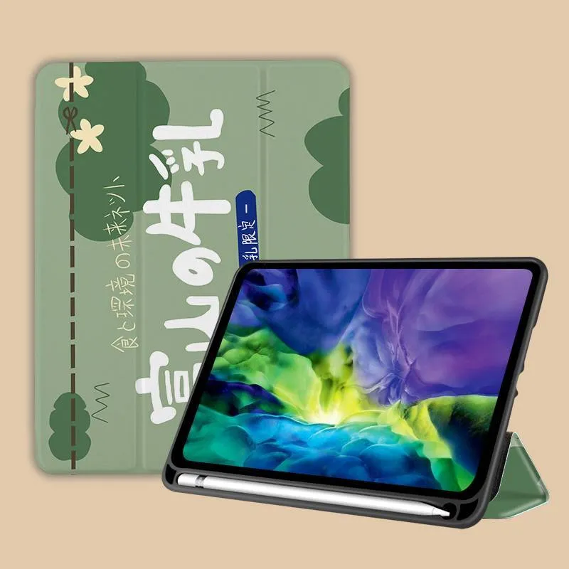 Three-fold silicone iPad case with cartoon design on imitation leather, shown in a stand position.