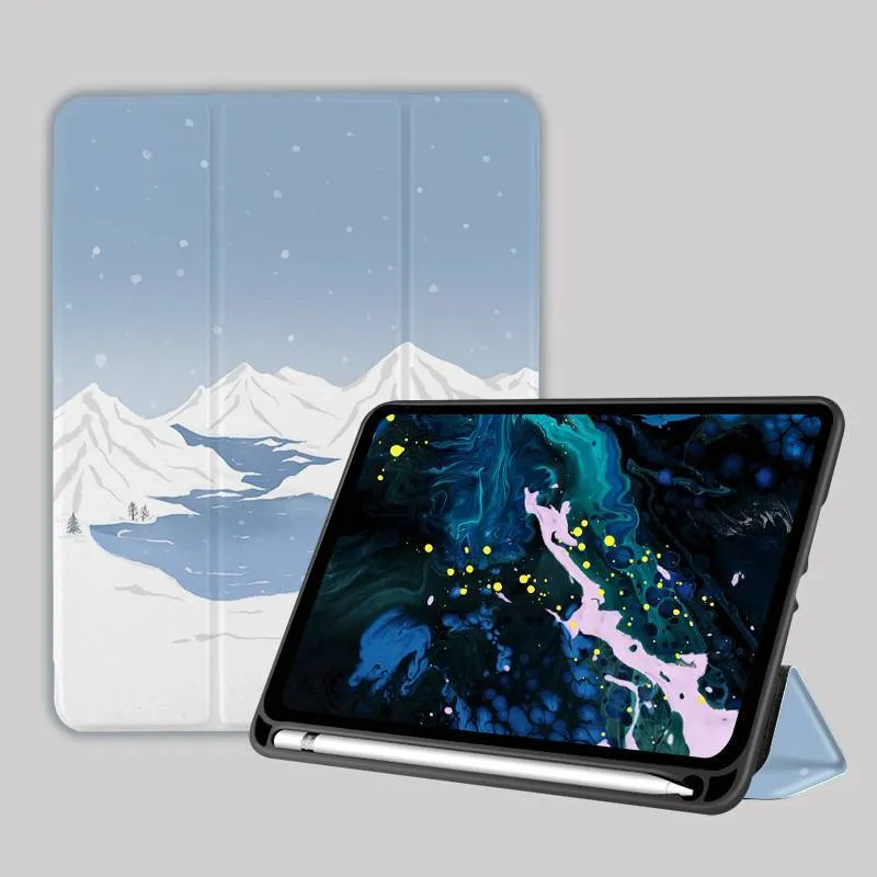 Three-fold silicone iPad case with cartoon design on imitation leather, shown in a stand position.