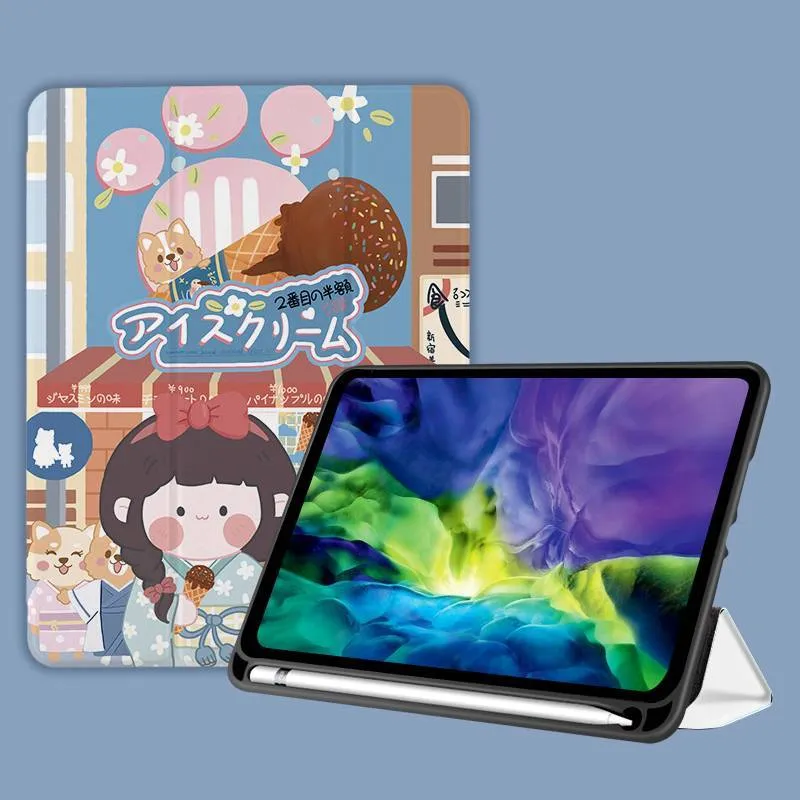 Three-fold silicone iPad case with cartoon design on imitation leather, shown in a stand position.