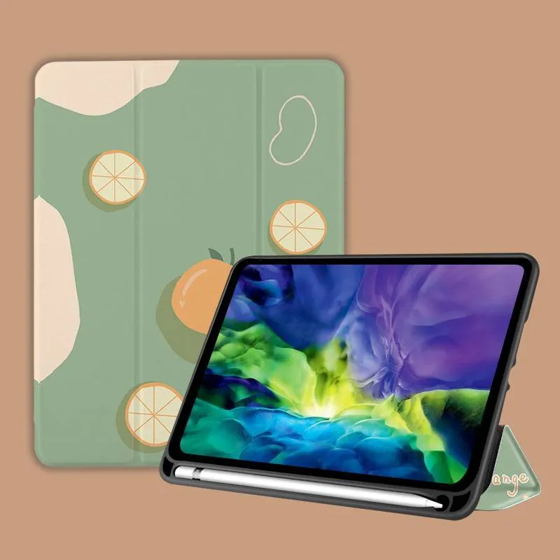 Three-fold silicone iPad case with cartoon design on imitation leather, shown in a stand position.