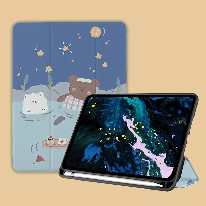Three-fold silicone iPad case with cartoon design on imitation leather, shown in a stand position.