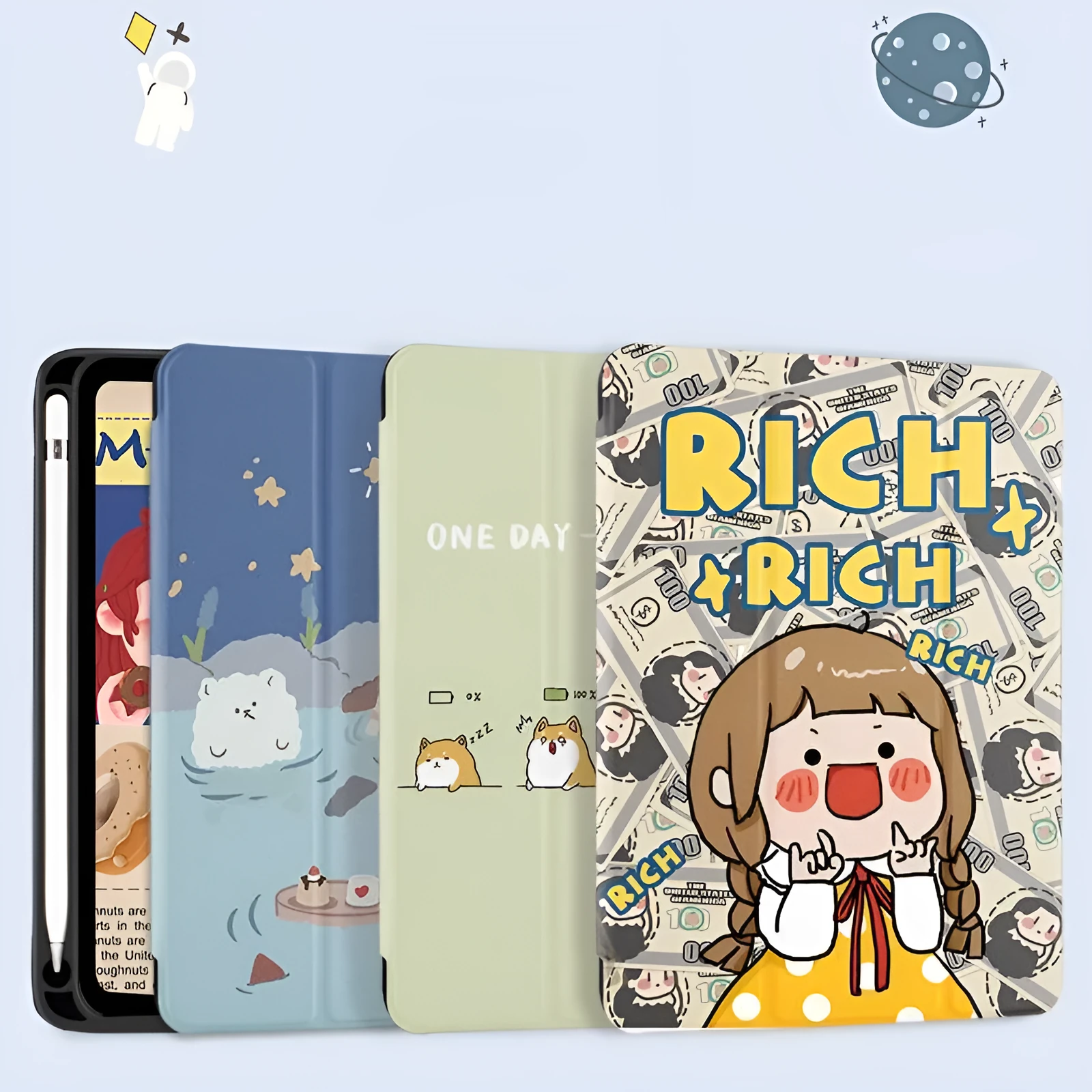 Three-fold silicone iPad case with cartoon design on imitation leather, shown in a stand position.
