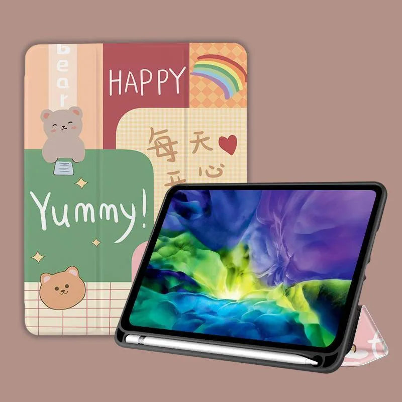 Three-fold silicone iPad case with cartoon design on imitation leather, shown in a stand position.