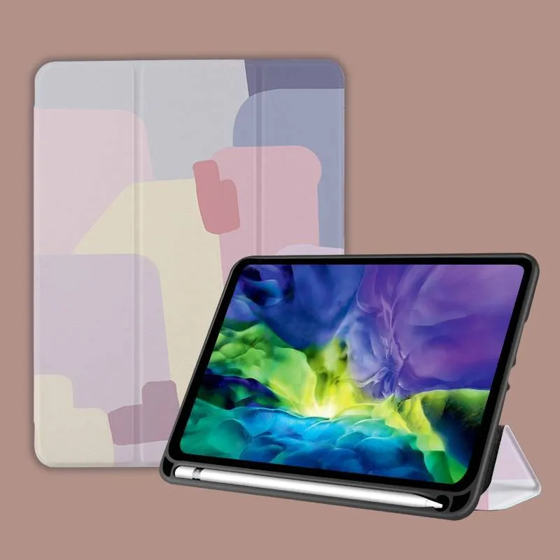 Three-fold silicone iPad case with cartoon design on imitation leather, shown in a stand position.