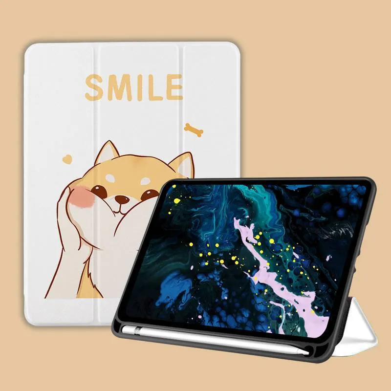 Three-fold silicone iPad case with cartoon design on imitation leather, shown in a stand position.