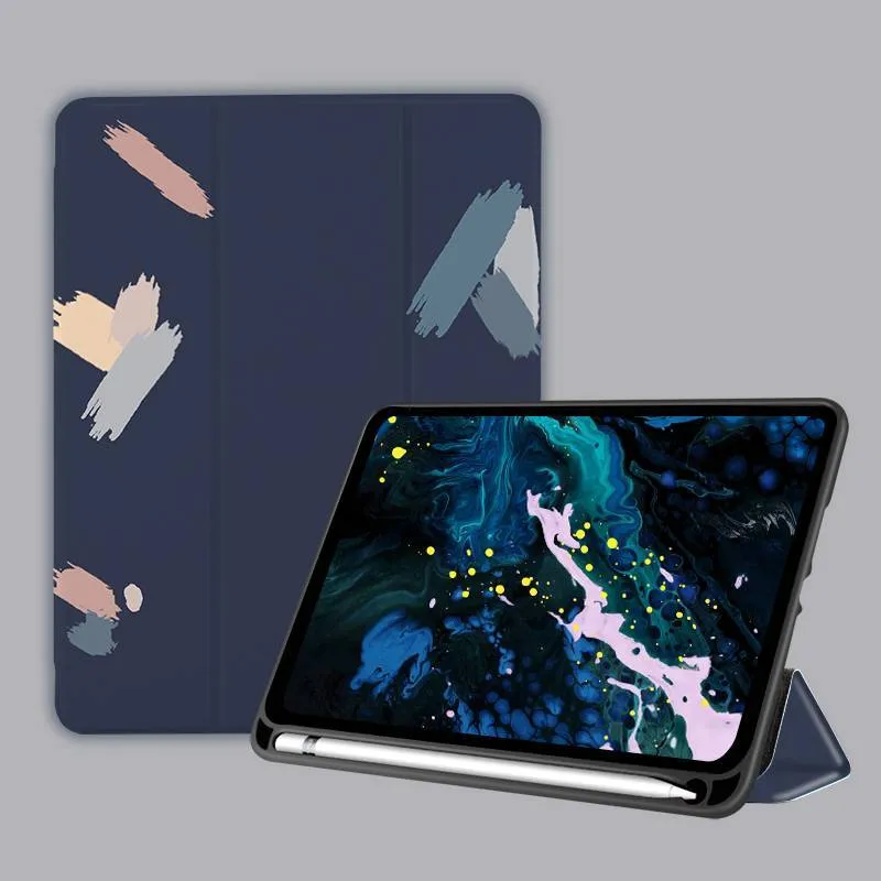 Three-fold silicone iPad case with cartoon design on imitation leather, shown in a stand position.