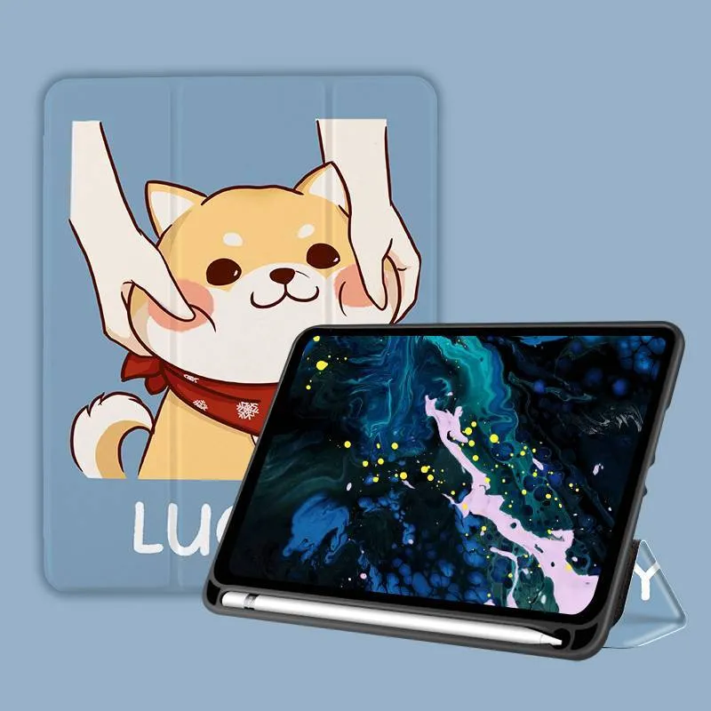 Three-fold silicone iPad case with cartoon design on imitation leather, shown in a stand position.
