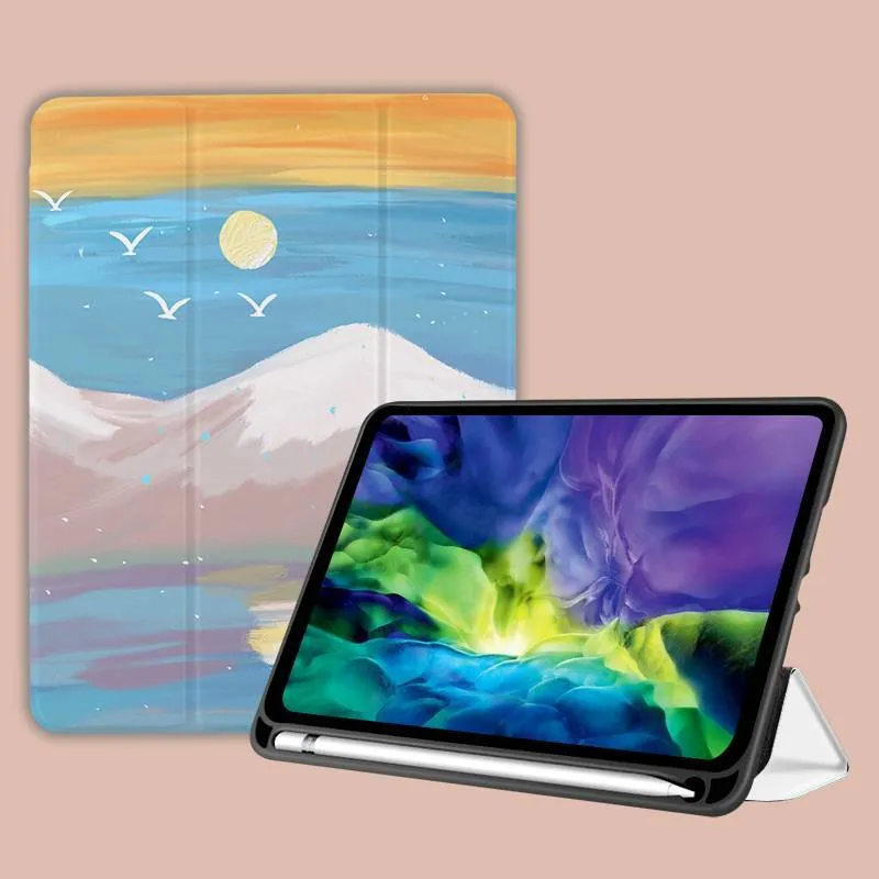 Three-fold silicone iPad case with cartoon design on imitation leather, shown in a stand position.