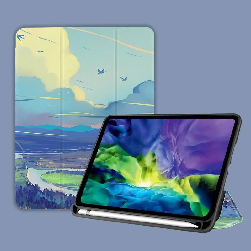 Three-fold silicone iPad case with cartoon design on imitation leather, shown in a stand position.