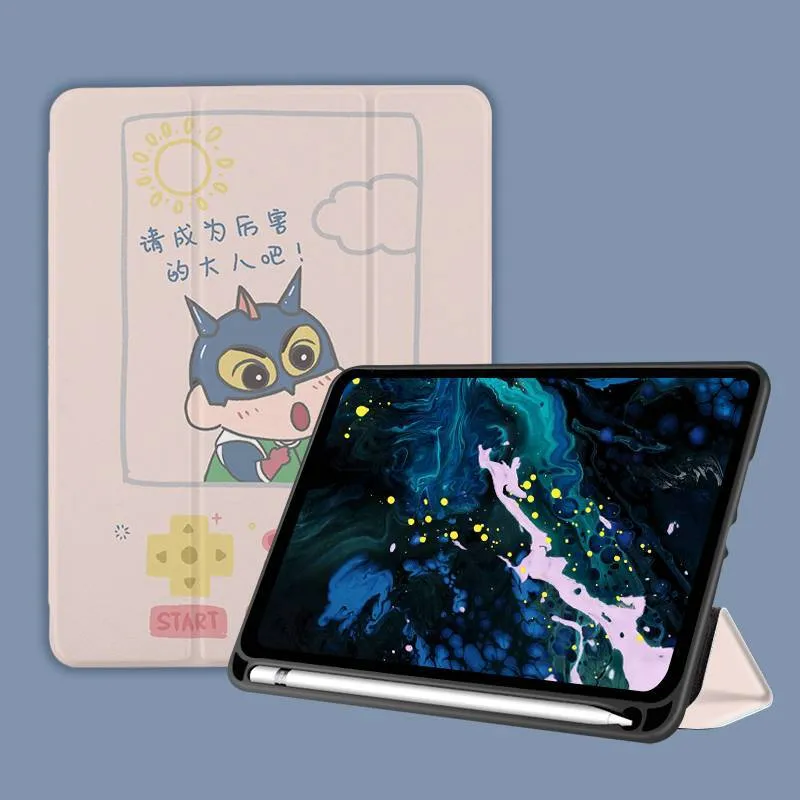 Three-fold silicone iPad case with cartoon design on imitation leather, shown in a stand position.
