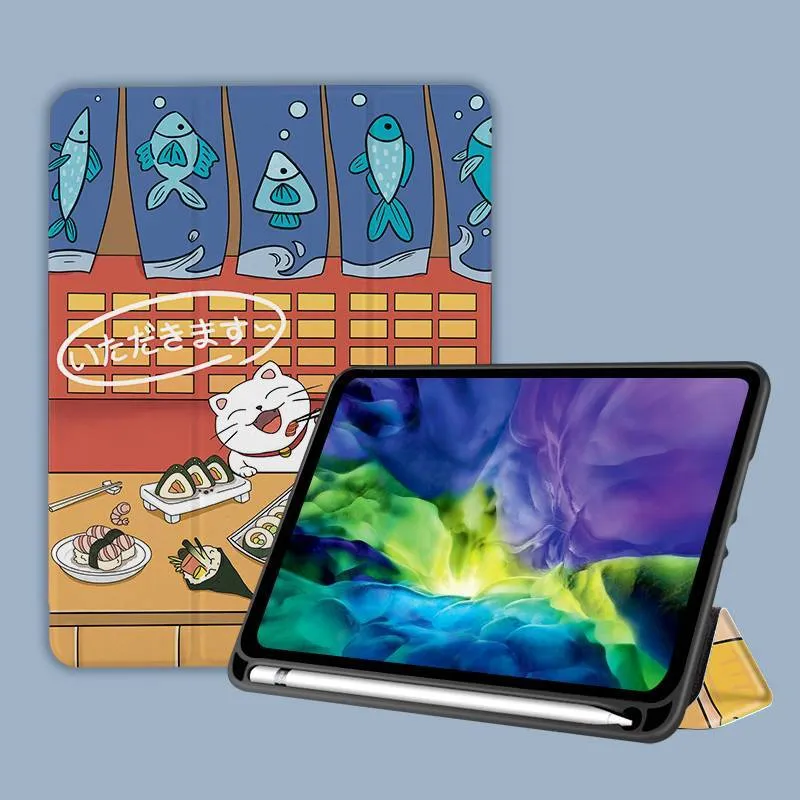 Three-fold silicone iPad case with cartoon design on imitation leather, shown in a stand position.