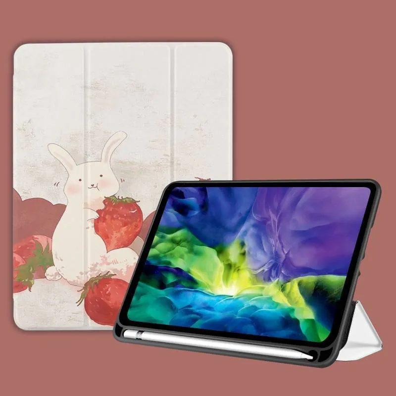Three-fold silicone iPad case with cartoon design on imitation leather, shown in a stand position.
