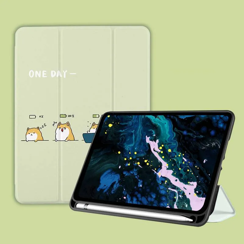 Three-fold silicone iPad case with cartoon design on imitation leather, shown in a stand position.