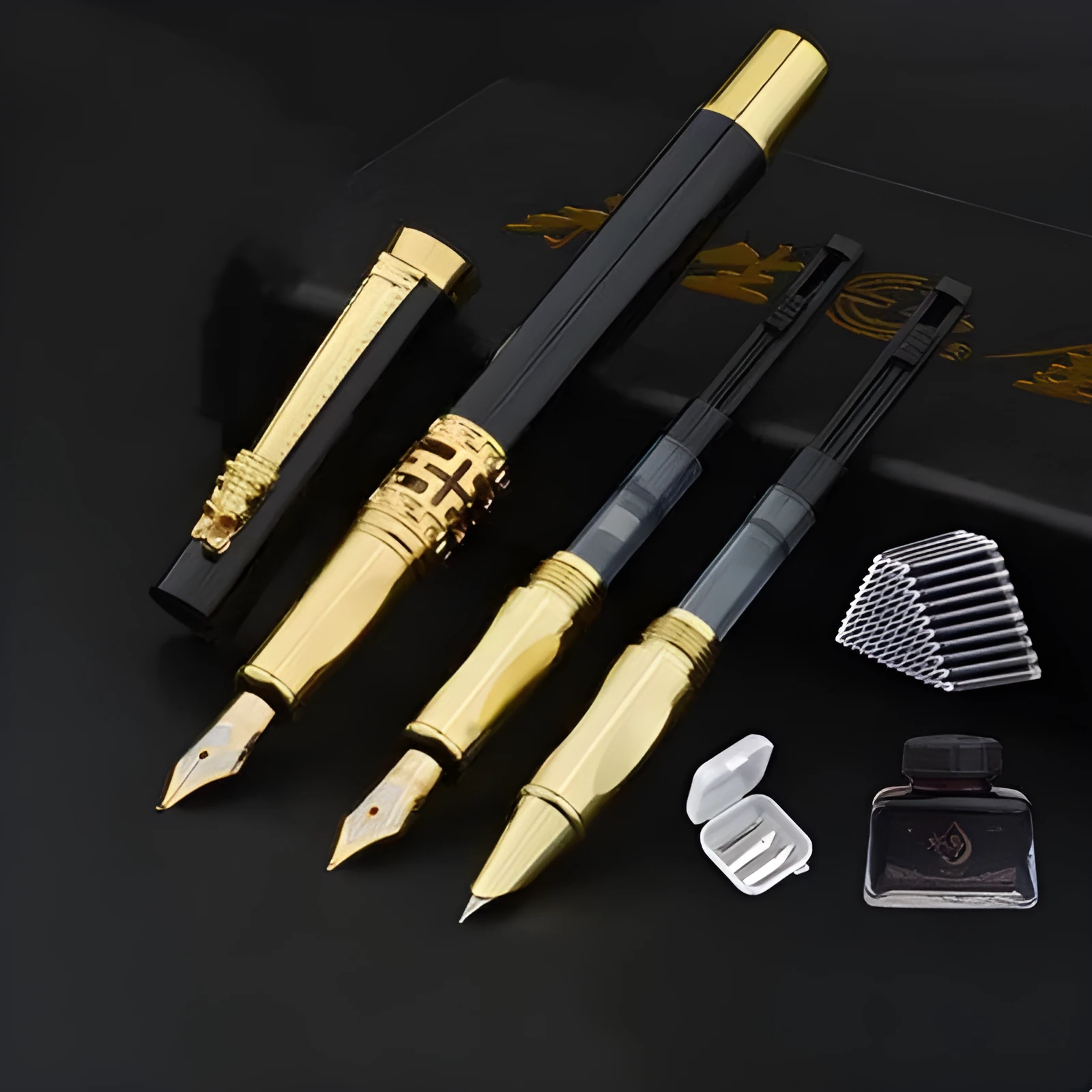 Traditional Chinese style student calligraphy pen with metal holder and iridium tip nib in gift box