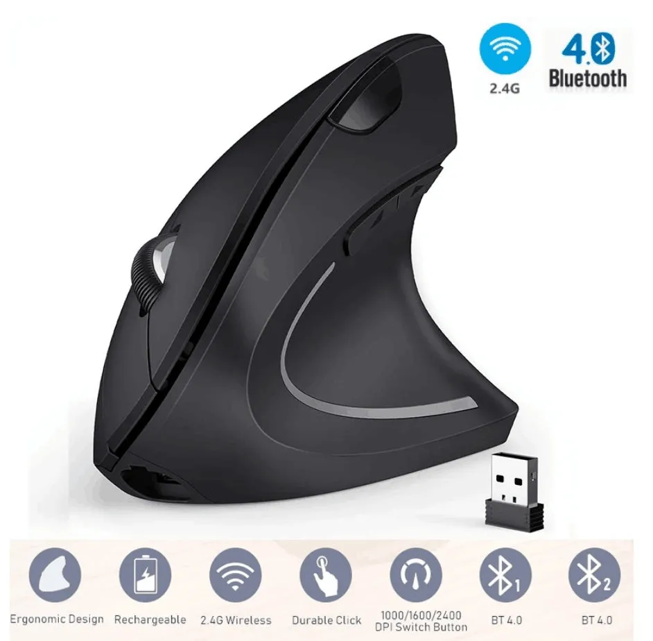 Black vertical Bluetooth wireless mouse with ergonomic design for office use