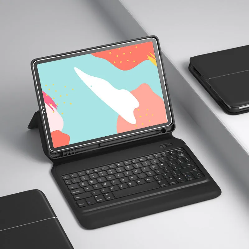 Black ultra-thin flip-style Bluetooth keyboard case open, showing keyboard and iPad slot.