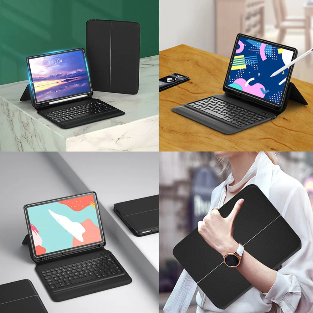 Black ultra-thin flip-style Bluetooth keyboard case open, showing keyboard and iPad slot.