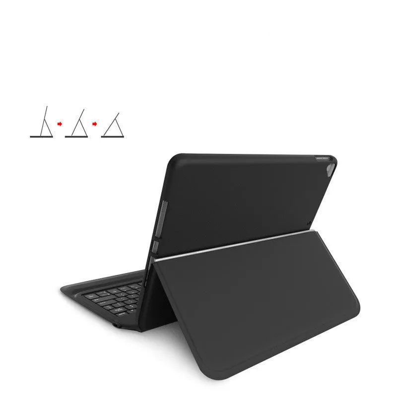 Black ultra-thin flip-style Bluetooth keyboard case open, showing keyboard and iPad slot.