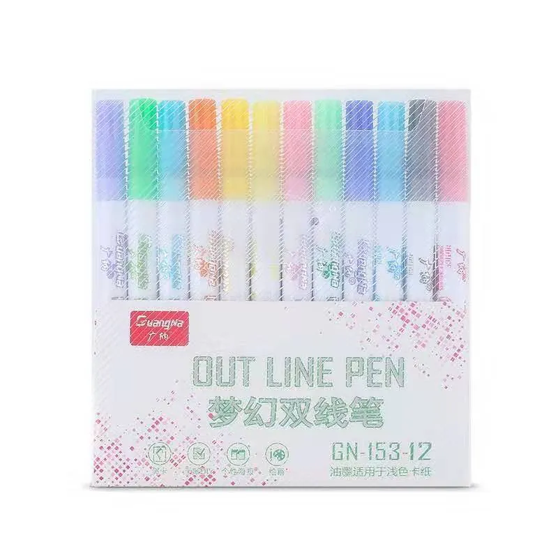 Set of colourful highlighter pens with plastic nibs and water-based ink, showing 1-2mm line width on paper