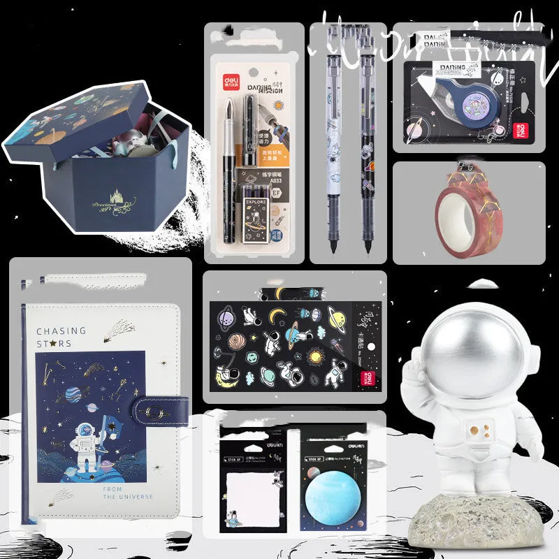 Galaxy space theme stationery set with astronaut notebook in hexagonal gift box