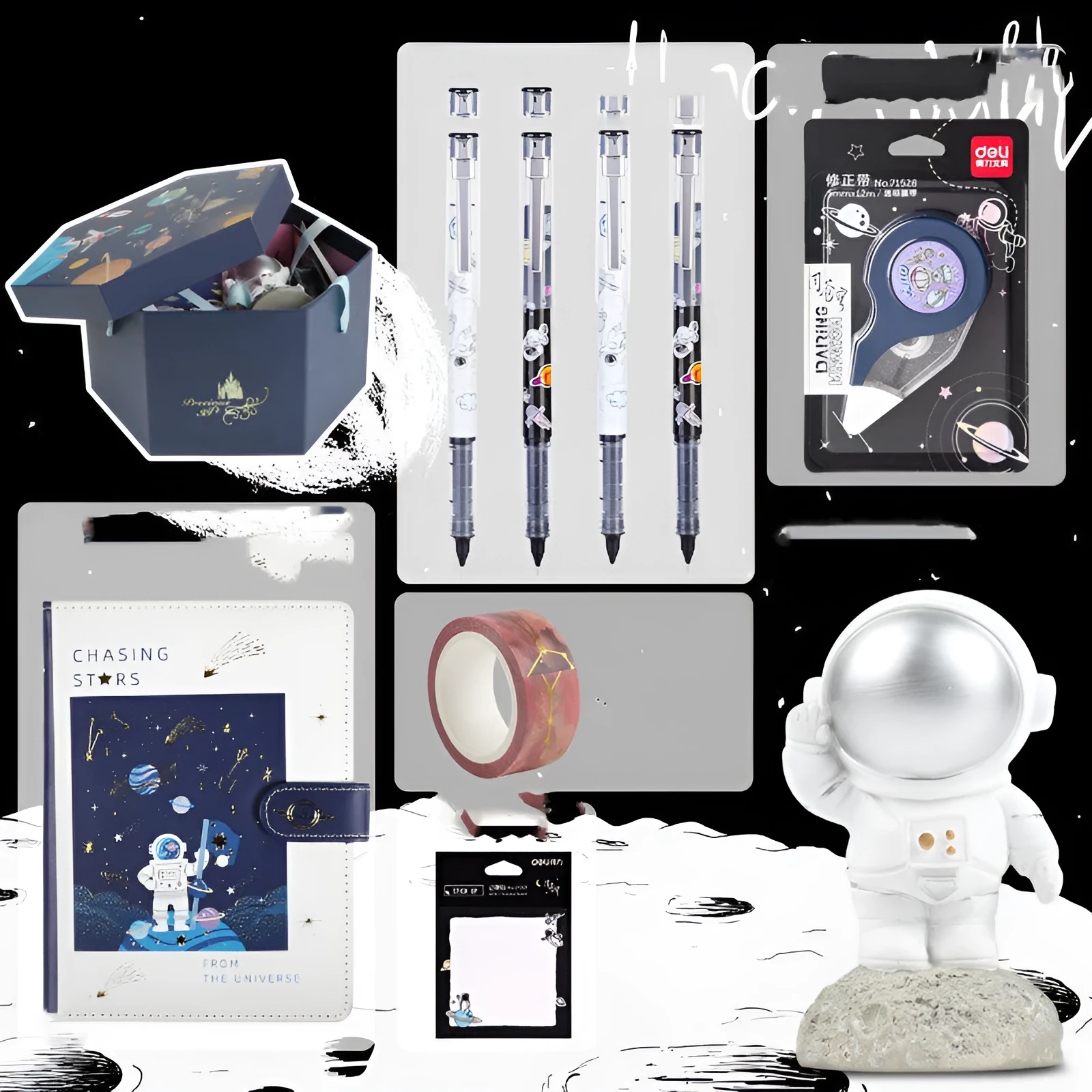 Galaxy space theme stationery set with astronaut notebook in hexagonal gift box