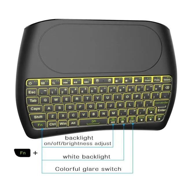 D8 Pro black mini wireless keyboard with touchpad and 78 TPU keys on a desk