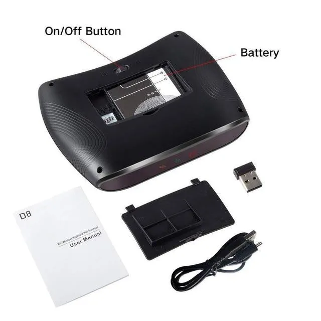 D8 Pro black mini wireless keyboard with touchpad and 78 TPU keys on a desk