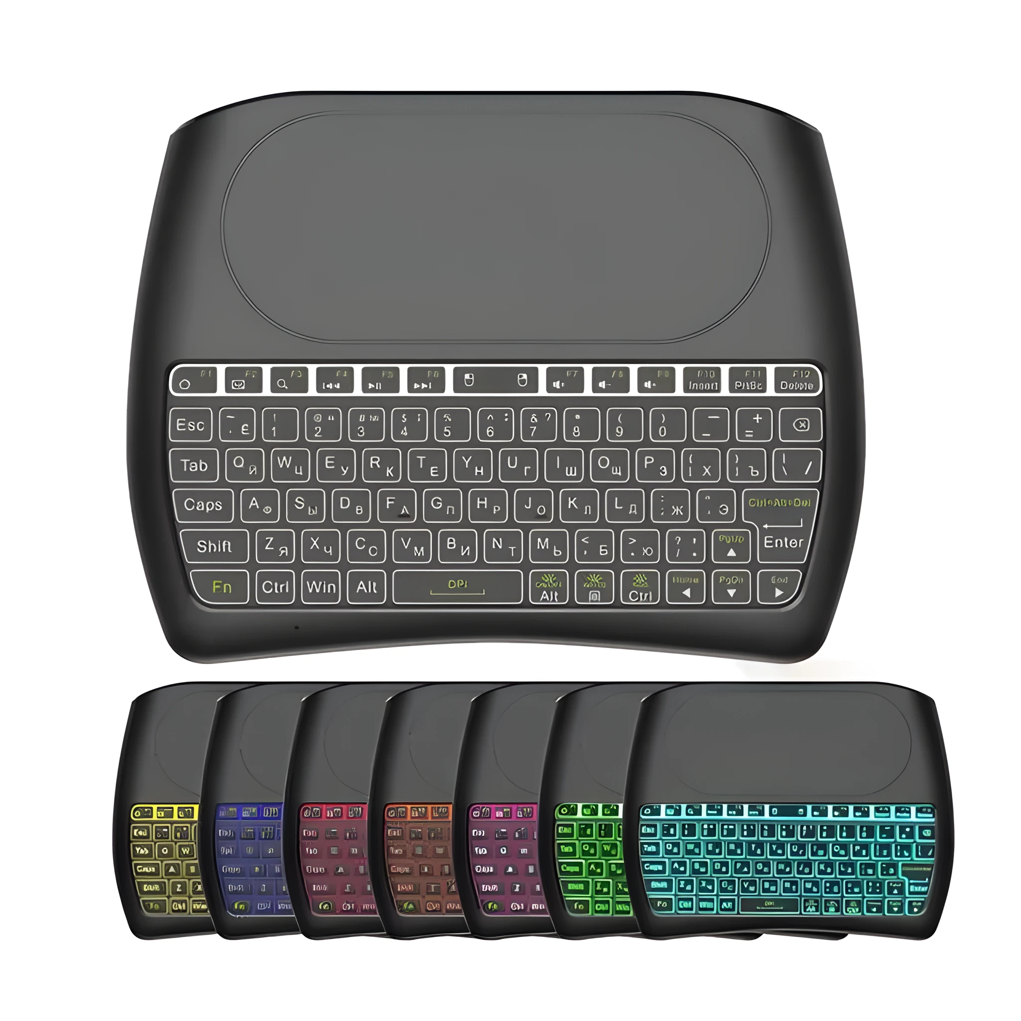 D8 Pro black mini wireless keyboard with touchpad and 78 TPU keys on a desk