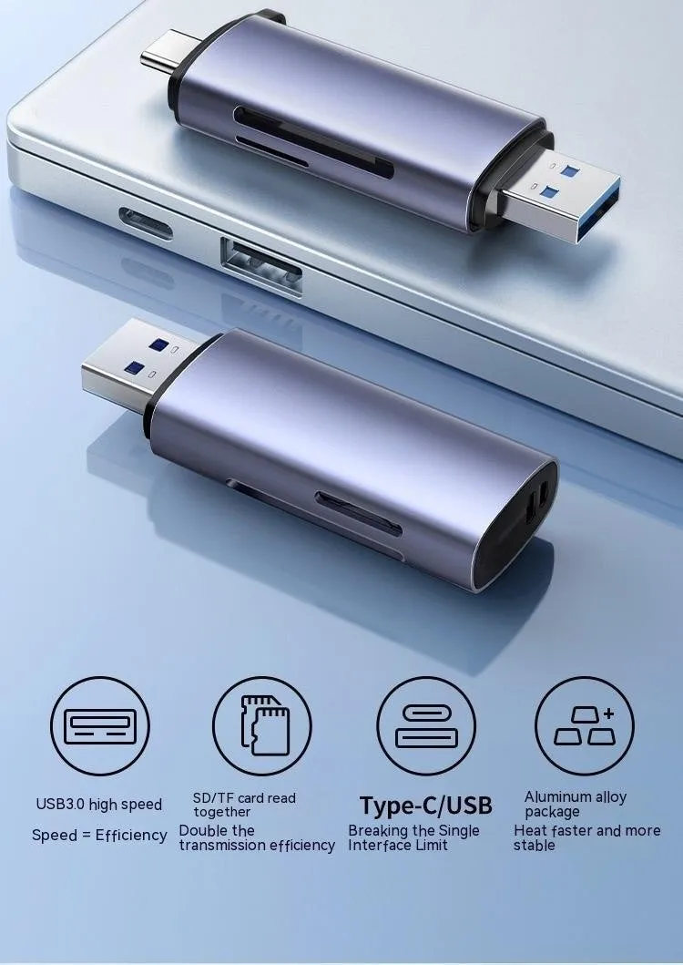 Multi-function USB 3.0 Type-C card reader for large SD and TF memory cards in aluminium alloy finish