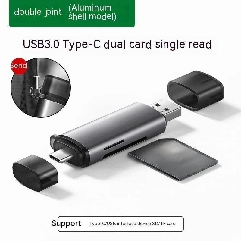 Multi-function USB 3.0 Type-C card reader for large SD and TF memory cards in aluminium alloy finish