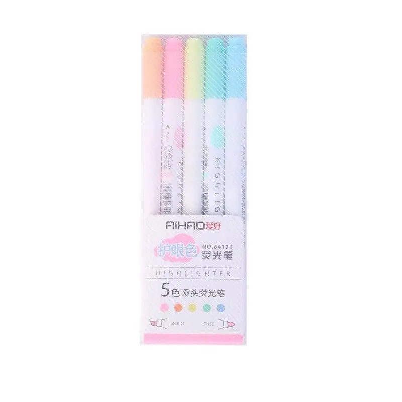 Five double head gel pens with highlighter function in blue, pink, green, orange, and purple colours