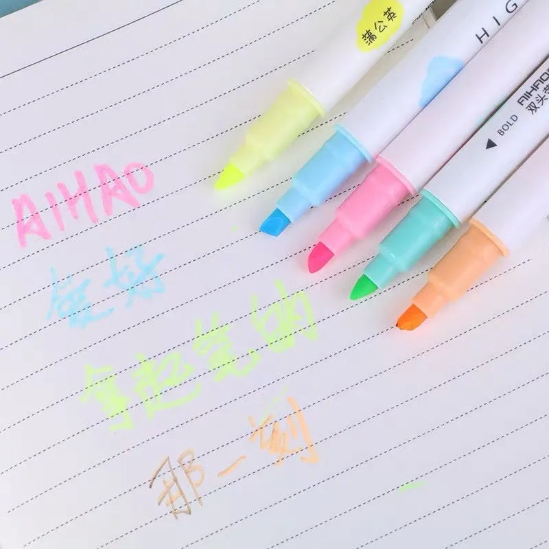 Five double head gel pens with highlighter function in blue, pink, green, orange, and purple colours
