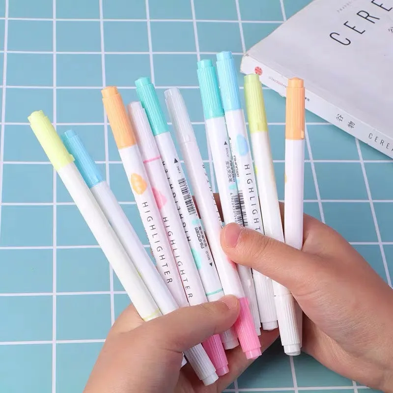 Five double head gel pens with highlighter function in blue, pink, green, orange, and purple colours