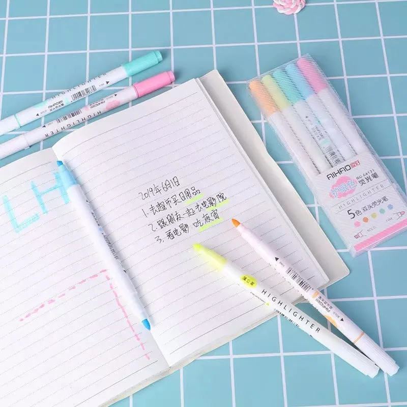 Five double head gel pens with highlighter function in blue, pink, green, orange, and purple colours