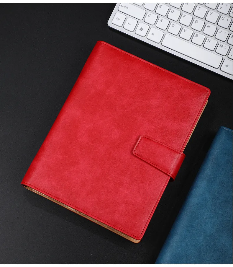 A5 leather buckle notebook with 6-hole clip in multiple colours showing hard cover and closure
