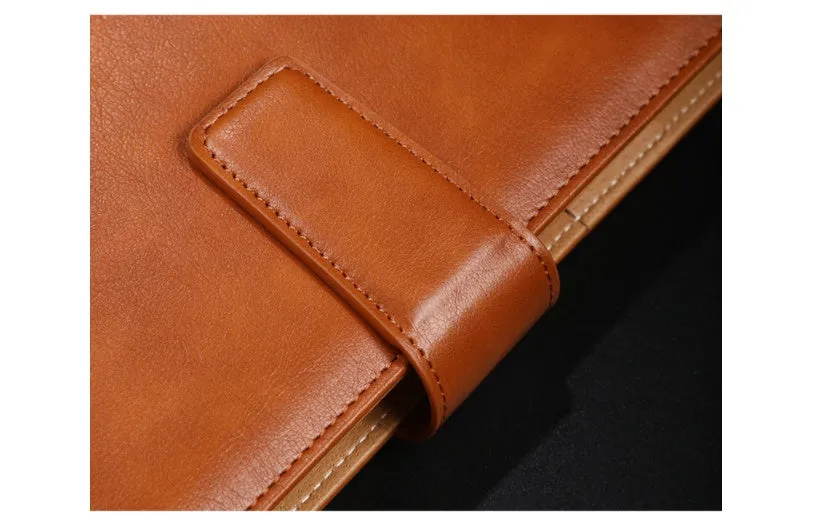 A5 leather buckle notebook with 6-hole clip in multiple colours showing hard cover and closure