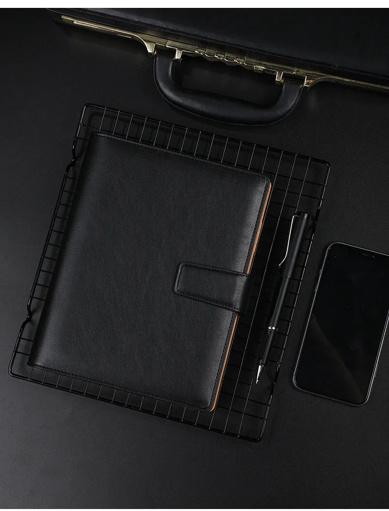 A5 leather buckle notebook with 6-hole clip in multiple colours showing hard cover and closure