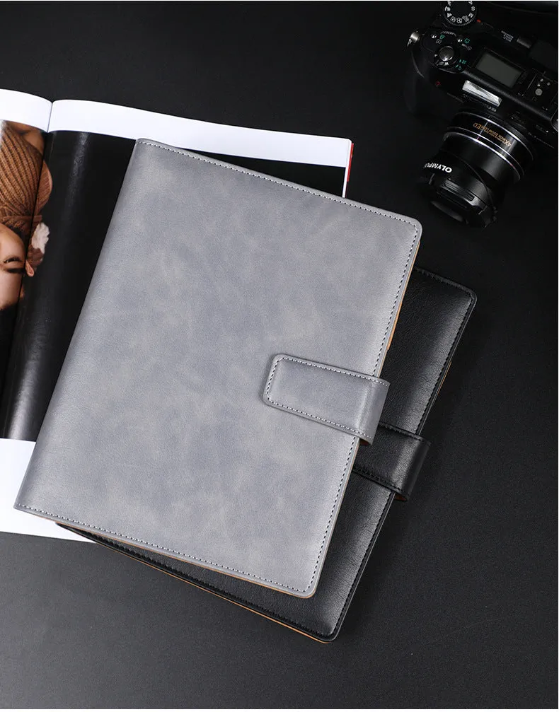 A5 leather buckle notebook with 6-hole clip in multiple colours showing hard cover and closure