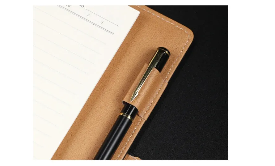 A5 leather buckle notebook with 6-hole clip in multiple colours showing hard cover and closure