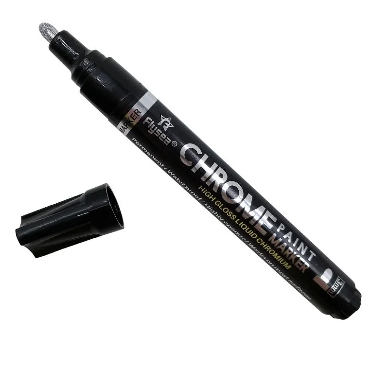 Flysea 3.0mm chrome metal marker pen with reflective paint for writing on multiple surfaces.
