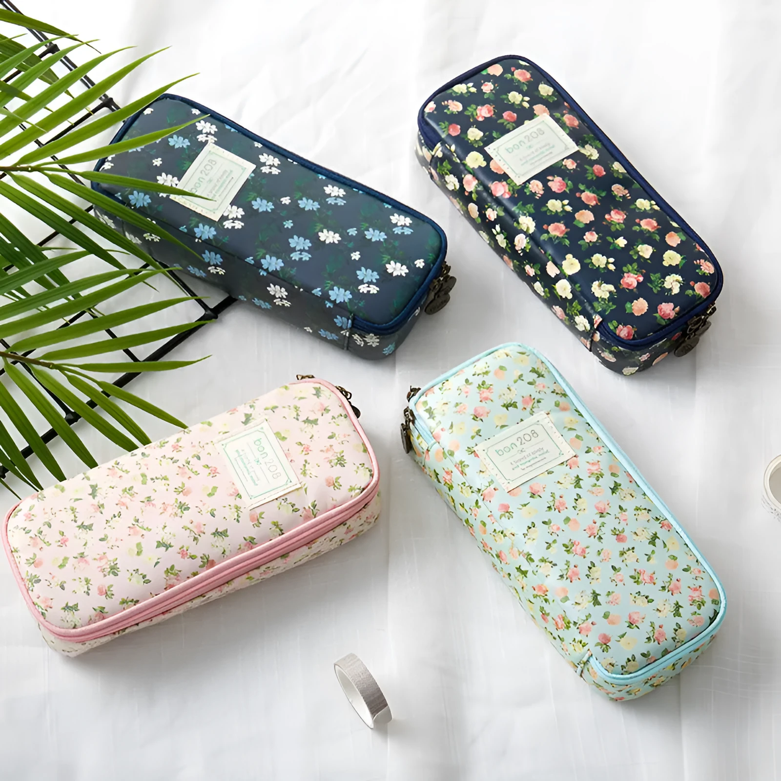 Canvas composite stationery pen storage bag in 190x80x40mm size with floral design