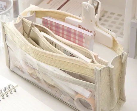 Six-layer transparent canvas pen bag in matcha green with zipped compartments for school stationery