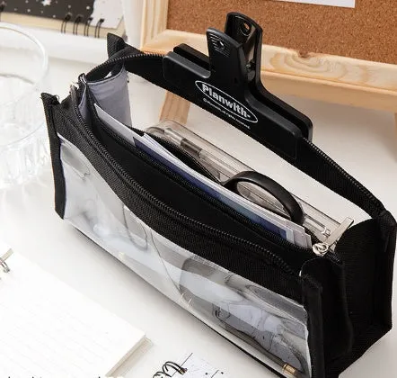 Six-layer transparent canvas pen bag in matcha green with zipped compartments for school stationery