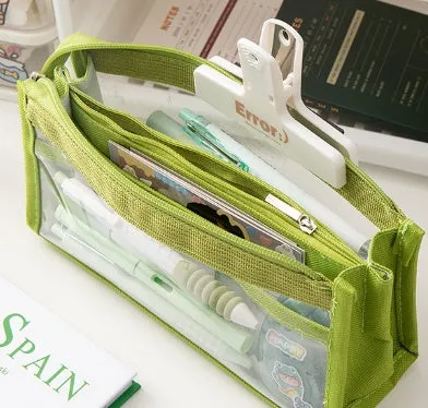 Six-layer transparent canvas pen bag in matcha green with zipped compartments for school stationery