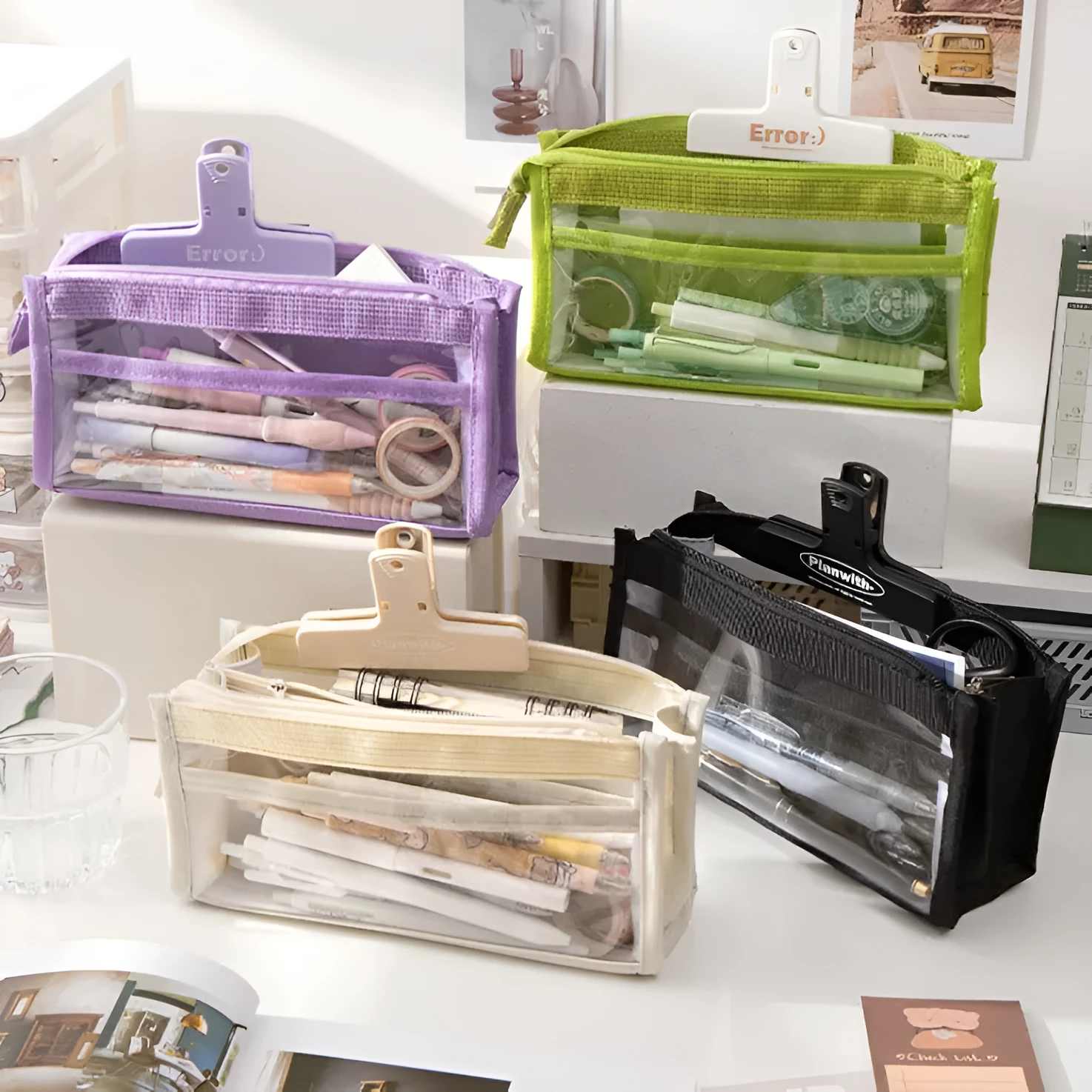 Six-layer transparent canvas pen bag in matcha green with zipped compartments for school stationery