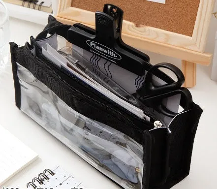 Six-layer transparent canvas pen bag in matcha green with zipped compartments for school stationery